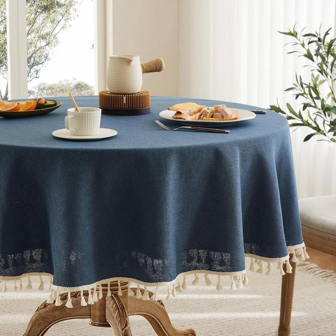 Linen Tablecloth with Tassels, Farmhouse Style Navy Tablecloth, Water Resistant Burlap Tablecloths for Round Table, 60 Inch Round Navy