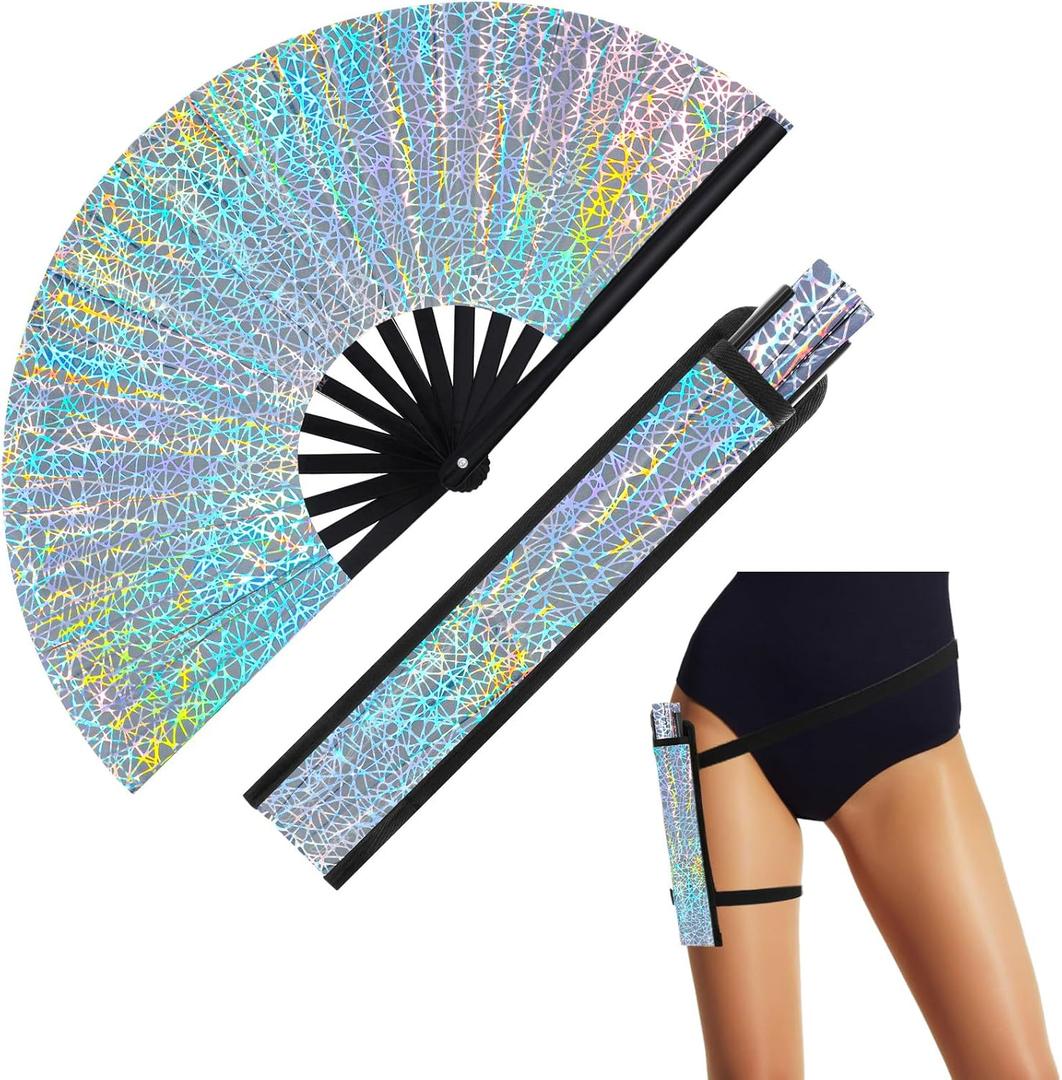 Large Rave Fan UV Glow Hand Fan with Holster for Men/women, Disco Party Favor for Edm Music Festival Club Rave Accessories(Silvery Reflective Ripple)