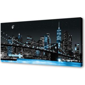 DZL Art Q70962 Canvas Wall Art New York Manhattan Night View Black White and Blue New York Brooklyn Bridge Cityscape Night Building Picture Poster Print Framed for Bedroom Home Decorations