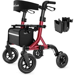 MAXWALK Walkers for Seniors, Rollator Walker with Seat, 10" Rubber Wheels All Terrain Rollator Walker with Backrest, Aluminum Walkers Built-in Cable, Foldable and Adjustable Height for Seniors, Red