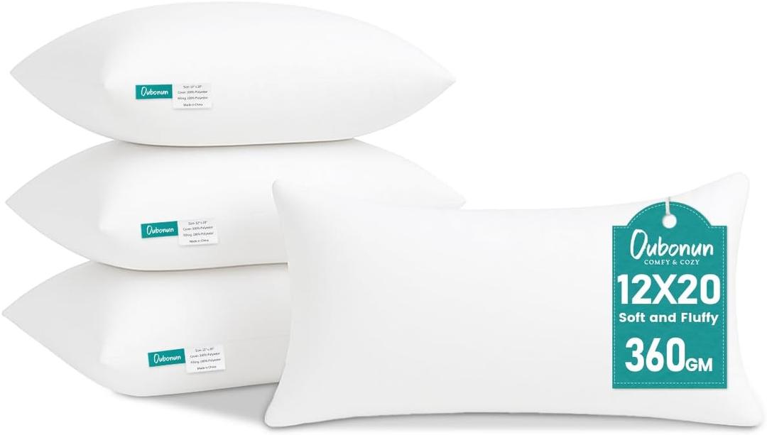 Oubonun 12 x 20 Throw Pillow Inserts - Soft, Plush & Decorative Down Alternative Pillows for Couch Sofa Bed, Machine Washable - White, Pack of 4