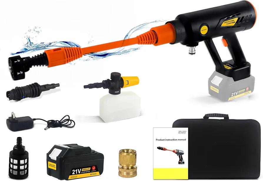 T TOVIA 870PSI Electric Washer Kit, Cordless Pressure Washer Gun with 4.0 Ah Waterproof Battery, 6-in-1 Nozzle, 0-180°Adjustable Nozzle for Washing Cars Patio Fence Watering Plants