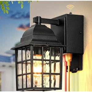 Gleamz Dusk to Dawn Outdoor Porch Light with GFCI Outlet, Modern Black Exterior Lighting Fixtures Wall Mount for House, AntiRust Outdoor Wall Sconce Lantern for Garage Coach with WaterRipple Glass
