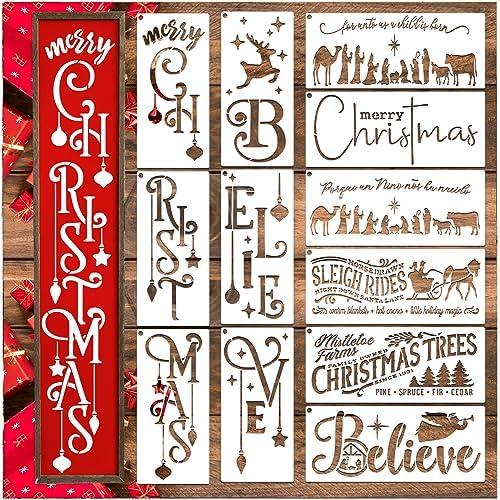 12 Pcs Christmas Stencils for Painting on Wood Porch Sign, Large Believe Merry Xmas Stencil Holiday Nativity Painting Stencils for Wood Sign DIY Crafts Canvas Fabrics (12pcs Porch Christmas)