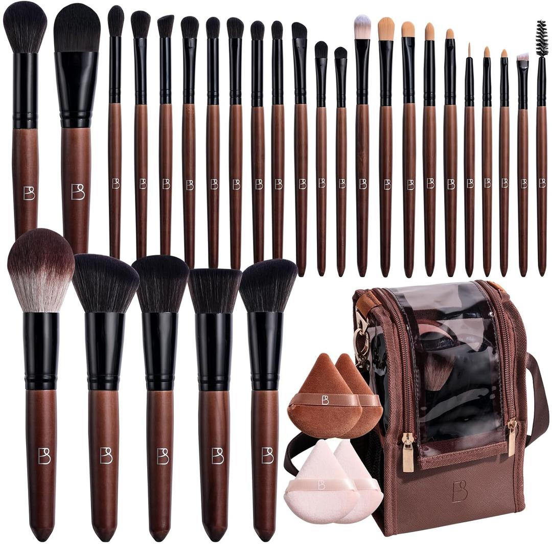 BS-MALL Professional Makeup Brush Set 28 Pcs With Travel Makeup Bag,Concealer Brush, Foundation Brush, Blush Brush, 4 Pcs Triangle Puff & Makeup Sponges for Flawless Beauty on the Go