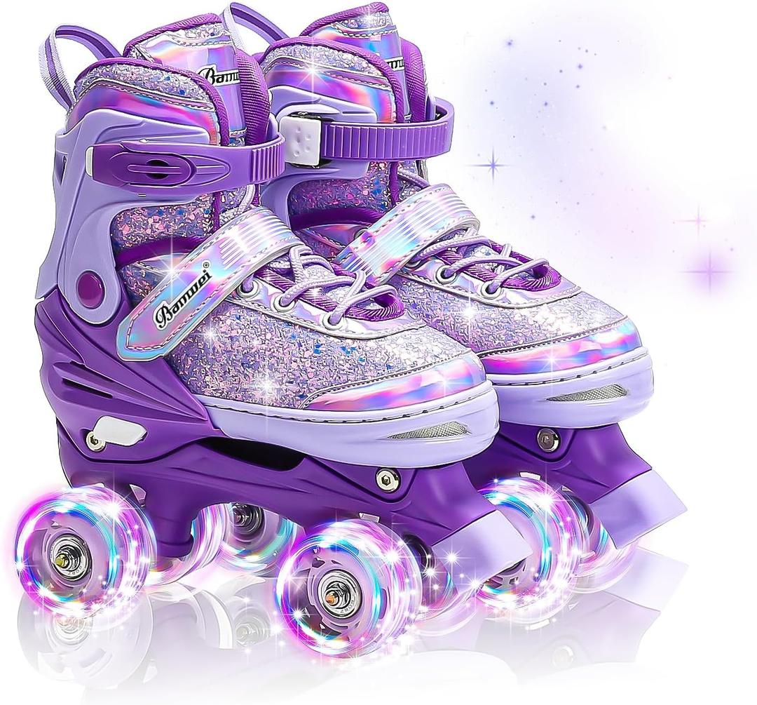 Kids Roller Skates for Girls Boys 4 Size Adjustable Quad Rollerskates with Light Up Wheels for Beginner Children's Birthday Gift patines para nias Outdoor Sports Small (US 10C-13C)