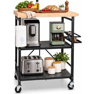 Plus-Size Foldable 3-Tier Kitchen Cart with Solid Oak Top, Black, 21.65"D x 29.13"W x 36.81"H