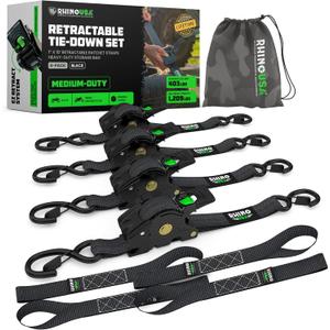 Rhino USA Retractable Ratchet Straps (4-Pack) - 1 Inch x 10 Feet (1,209lb Break Strength) - Auto Self Retracting Tie Down Straps for Truck, Cargo Trailer, Motorcycle, ATV, UTV - Black