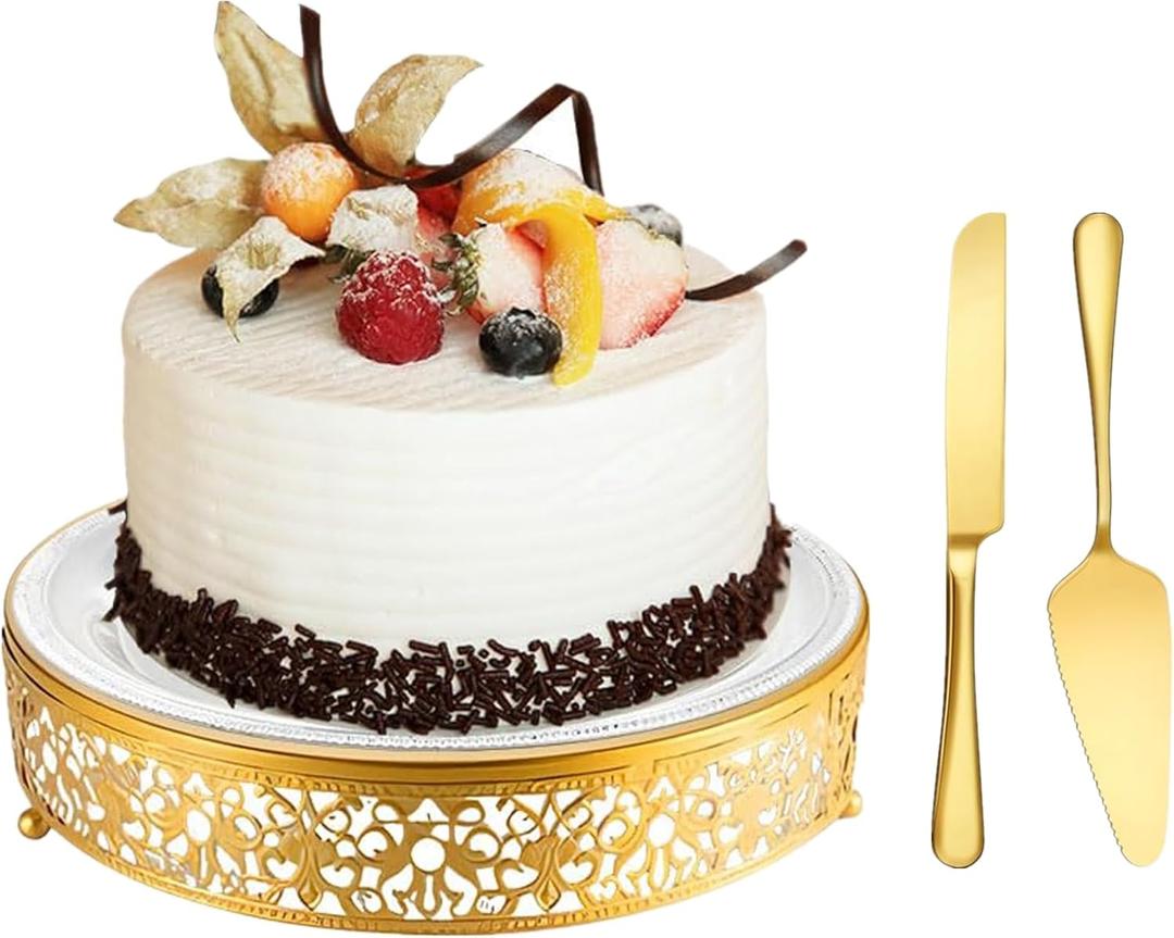 MTJYQTF Gold Cake Stand Set - Metal Round Cupcake Dessert Stand with Cake Cutting & Cake Spatula for Party, Candy Table Display for Wedding Birthday Baby Shower 12x12x2.4 In. CS003-pan
