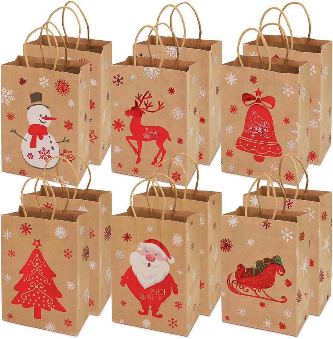 Christmas Kraft Gift Bags 12 Count Assorted Styles Bags Xmas Small Paper Bags with Handles Christmas Goodie Bags with Christmas Prints for Xmas Gift Wrapping Christmas Party Supplies