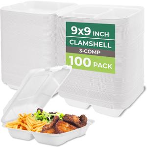 Freshware Clamshell Food Containers with Lids [9x9"] 3-Compartment 100-Pack, Disposable To Go Containers, Biodegradable Sugarcane To Go Boxes - Paper Container - Microwave & Freezer Safe, Stackable