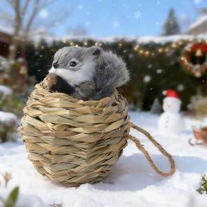 KOJIGIC 3D Forest Animals Ornaments for Christmas Tree Woodland Furry Animal Ornament Handmade Bird Nest with Plush Animal for Xmas Tree Faux Fur Animals Hanging Decoration (5" Nest & Grey Squirrel)