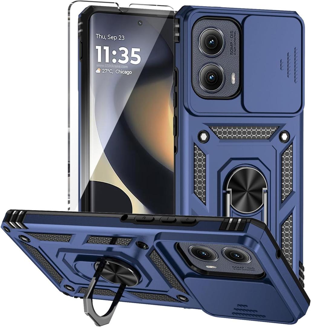 KELONGUS for Motorola Edge 2024 Case with Slide Camera Cover HD Screen Protector Military Grade 16ft. Drop Tested Magnetic Ring Kickstand Protective Phone Case, Blue