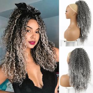 Kinky Curly Ombre Gray Drawstring Ponytail Extension for Black Women Silver Kinky Curly Ponytail Clip Long Curly Hair Ponytail Synthetic Highlight 26Inch Low Ponytail (Ombre Grey)