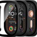 Adorve [3 Pack] Tempered Glass Case for Apple Watch Ultra 3/Ultra 2 /Ultra Screen Protector, Hard PC Face Cover Overall Protection Anti-Scratch Bumper Cases for iWatch 49mm Accessories, All Back (Black/Black/Black)