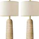BOBOMOMO Modern Table Lamp Set of 2, Warm Beige Resin Lamp with Natural Stone Look, 27.25" Lamps for Living Room with Linen Shades, Bedside Lamp for Bedroom, Living Room, Nightstand, Entryway