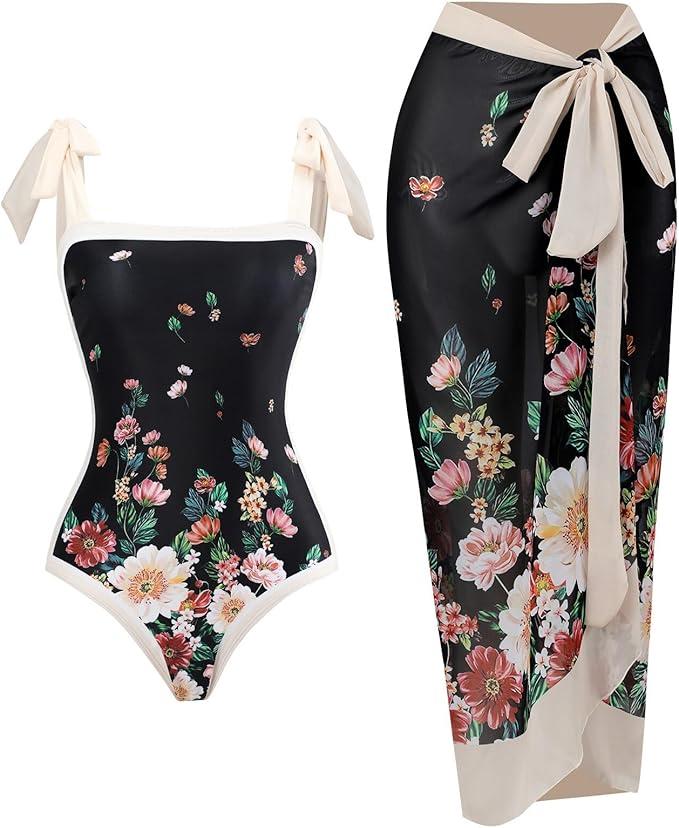 Women's One Piece Swimsuit with Beach Cover up Wrap Skirt Sarong Retro Floral Print Bikini Set Two Piece Bathing Suit M