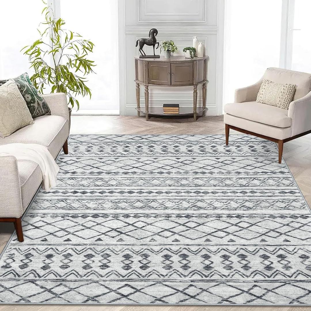 KUTA Area Rug 5'x7' Grey, Washable Boho Large Living Room Moroccan Rugs Non-Slip, Ultra Soft Geometric Traditional Farmhouse Carpet for Dining Room Bedroom Dorm Office Home Dcor