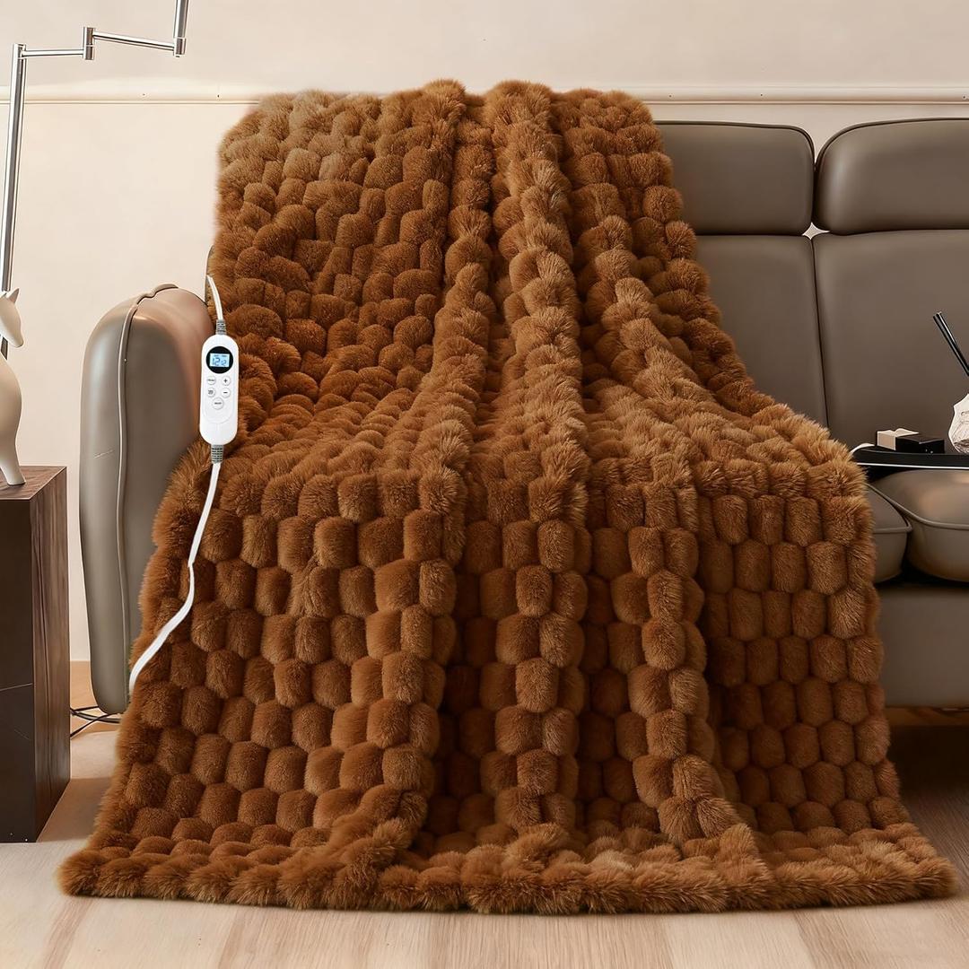 Eastsora Heated Blanket Throw 50" x 60" Soft Ribbed Faux Fur Flannel Fast Heating 12 Heat Levels 112H Timer & Overheat Protection & Auto Shut-Off & ETL FCC & Machine Washable Heated Throw (Camel)