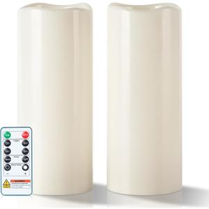 5plots 4"10" Large Outdoor Waterproof Flameless Candles Ivory White with Timer & Remote, Battery Operated LED Flickering Pillar Candles for Patio Porch Halloween Christmas Lantern, Set of 2