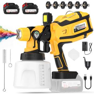 Paint Sprayer, 700W High Power Cordless Electric Spray Paint Gun with 1400ml Water Container, 2×4000mAh Batteries, LED Light, 3 Modes & 6 Brass Nozzles, Paint Sprayer for House Painting
