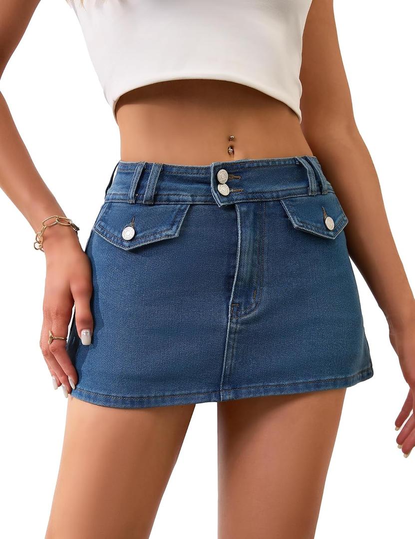 Genhoo Women's Denim Mini Skirt Sexy Low Rise Jean Skirt with Shorts Underneath 2026 Trendy Summer Casual Micro Skort (Blue)