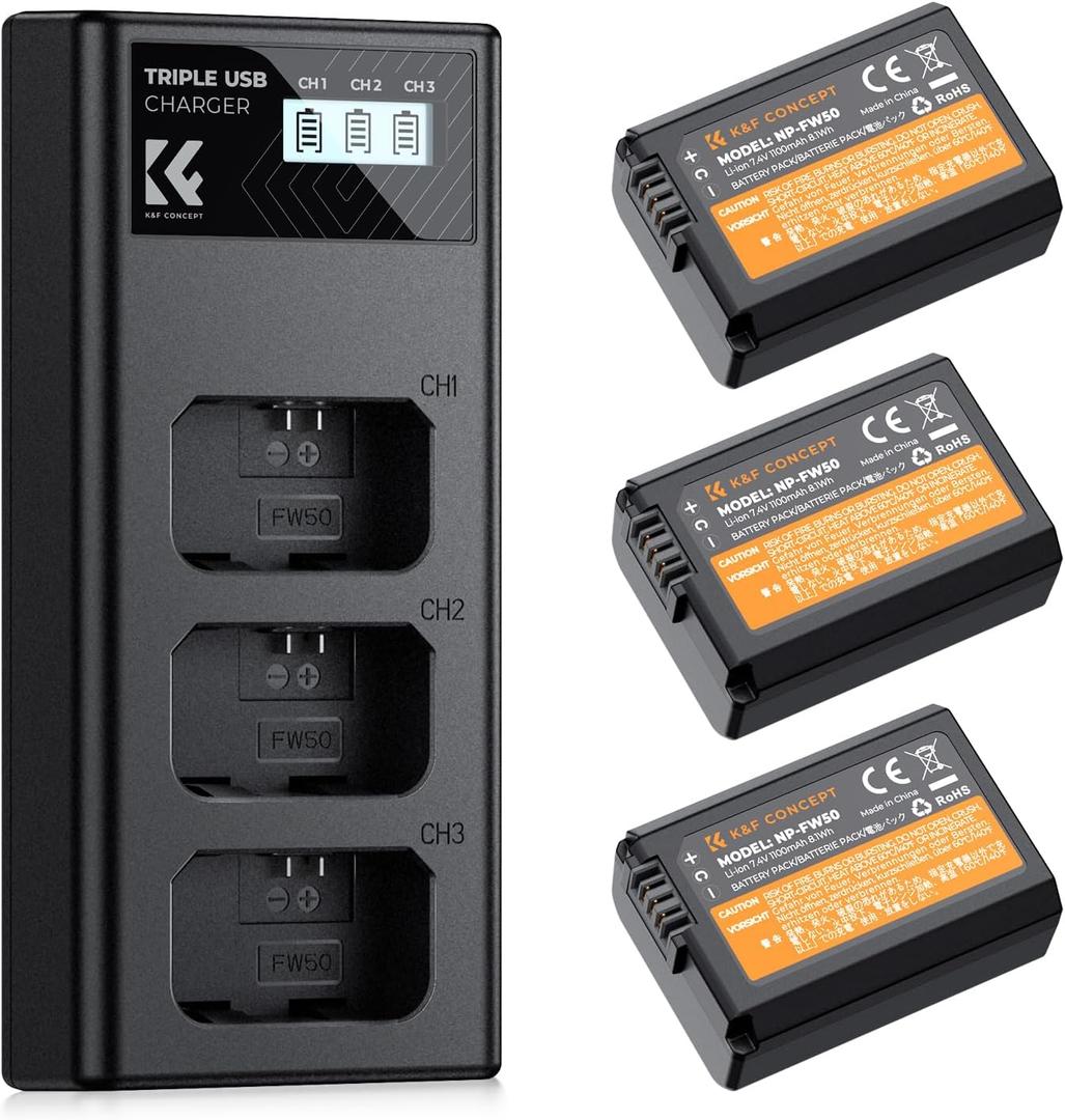 K&F Concept 3-Pack NP-FW50 Battery and Upgraded 3-Slot ZV-E10 Battery Charger Compatible with Sony Alpha A6400 A6000 A6300 A6500 A5000 A5100 A7 A7II A7R A7RII A7S A7SII RX10 II III IV Cameras