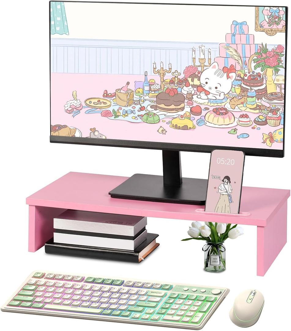 Qupui 21" Monitor Stand Riser with Phone Holder, Monitor Stand for Desk, Computer Monitor Stand, Desk Shelf for Top of Desk, Desktop Organizer for Laptop, Printer, TV