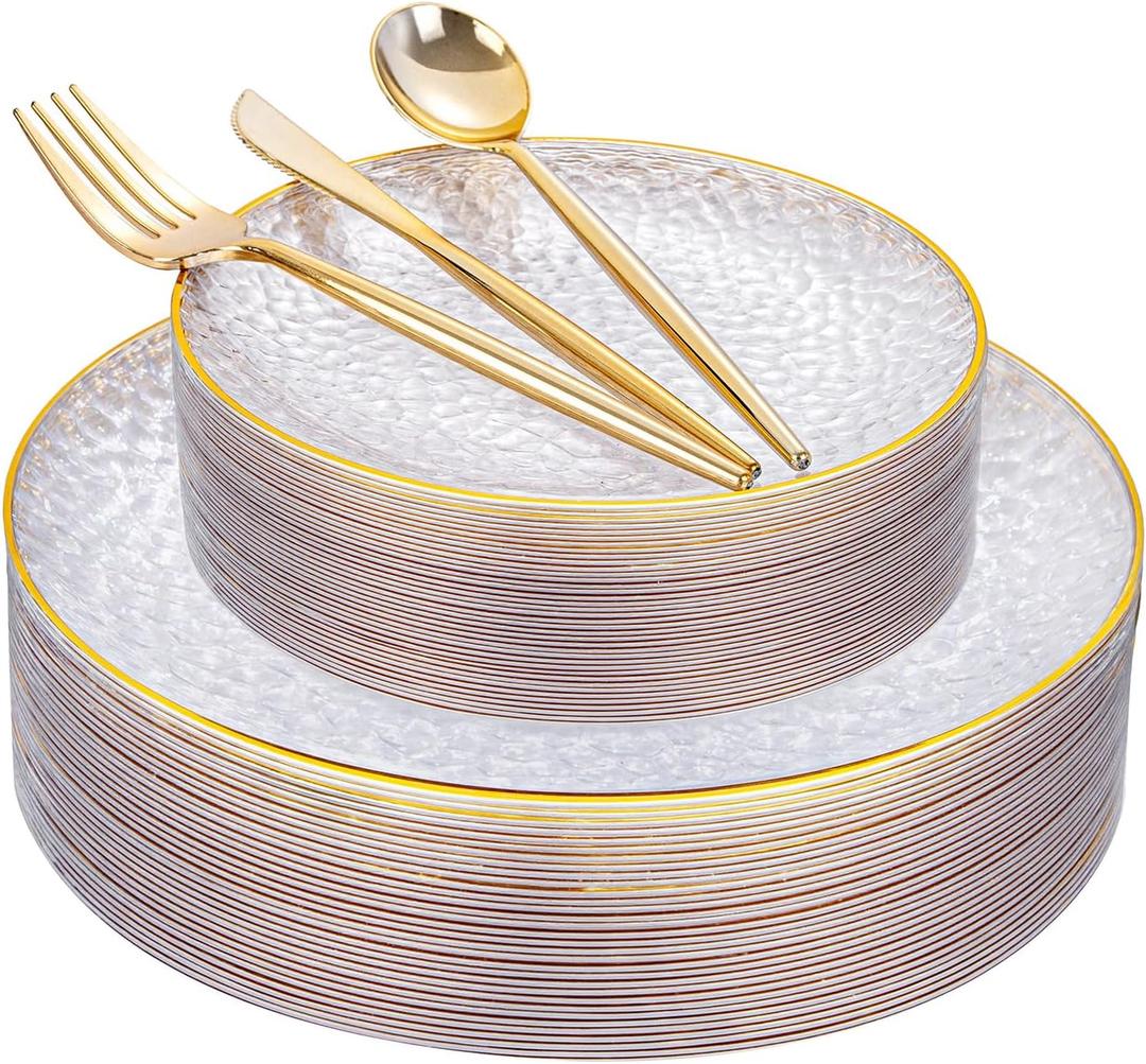 Rubtlamp 150Pcs Plastic Plates, Heavy Duty Clear Plates With Gold Rim, Hammered Gold Dinnerware Set Include 30 Dinner Plate, 30 Dessert Plate, 90 Plastic Silverware
