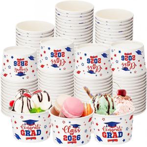 Nuanchu 100 Pack 9 oz Graduation Ice Cream Cups, Congrats Grad Disposable Dessert Bowls, Class 2026 Paper Snack Soup Cups for Hot or Cold Food Graduate Party Supplies(Graduation 2026,Red Blue)