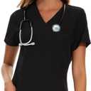 COZYFIT Scrub V-Neck Tops for Women, Soft Stretch Women's Tops Easy Care with 3 Pockets, Size S, Black