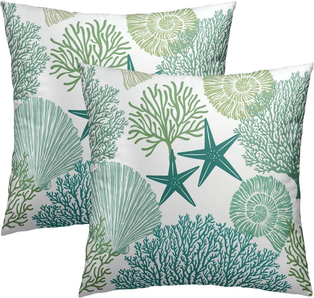 Summer Ocean Themed Nautical Coastal Throw Pillow Covers 18X18 Inches Set of 2 Aqua Teal Seashell Starfish Coral Pillowcase Soft Cotton Square Cushion Covers for Home Sofa Patio Bedroom Decoration