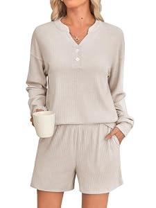 Braroz Womens Ribbed Knit 2 Piece Lounge Sets Outfits Long Sleeve Top and Shorts Pajama Sets Loungewear with Pockets Apricot M