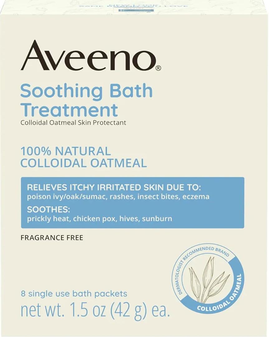 Aveeno Fragrance-Free Soothing Bath Treatment & Soak for Soothing Relief, 100% Colloidal Oatmeal, Relieves Itchy, Irritated Skin Due to Eczema, 8 Single-Use Bath Packets