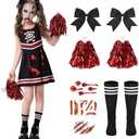 CIRCKOPS Halloween Cheerleader Costume for Girls, Zombie Cheer Uniform Outfit, Scary Cheerleading Costume for Party Dress Up 9-10Y