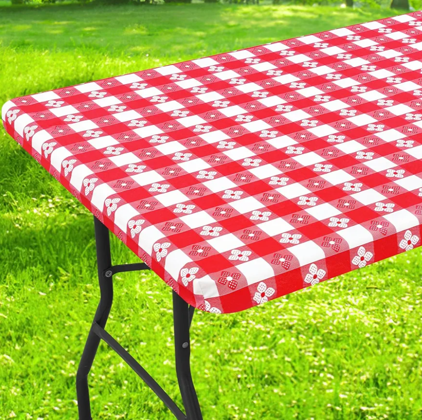 Rectangle Vinyl Table Cloth, Waterproof Elastic Fitted Tablecloth with Flannel Backing, Plastic Table Cover for Picnic, Camping, Outdoor (Red & White, 30"x96")