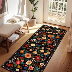 Floral Nursery 2x8 Area Rugs Washable Print Boho Cute Carpet Non Slip Flower Low Pile for Living Room Kids Girls Playroom Bedroom Kitchen Office Farmhouse-Black