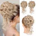 HOOJIH 2PCS Messy Bun Hair Piece, Tousled Updo with Tendrils Bun Extensions Wavy Curly Hair Wrap Ponytail Hairpieces for Women HB010 Dasiy - Medium Blonde with Highlights