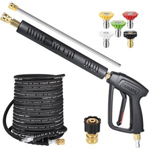 YAMATIC Long Pressure Washer Gun and Hose Kit, Rubber 50 FT Steel Braided Power Washer Hose with 3/8" Swivel Quick Connect & M22 Adapters Replacement for Troy Bilt Ryobi Simpson Craftsman, 4000 PSI YAMATIC Long Pressure Washer Gun and Hose Kit, Rubber 50 FT Steel Braided Power Washer Hose with 3/8" Swivel Quick Connect & M22 Adapters Replacement for Troy Bilt Ryobi Simpson Craftsman, 4000 PSI
