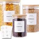 3 Pcs Glass Canisters with Airtight Bamboo Lids and 42 Kitchen Pantry Labels Preprinted - Clear Glass Flour and Sugar Storage Container Set - Large Glass Jars with Wood Lids(100 OZ/54 OZ/27 OZ)
