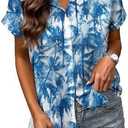 Hawaiian Shirts for Women Soft Cool Hawaiian Shirt Beach Tropic Print V Neck T-Shirt Vacation Button Up Tops (Blue, M)