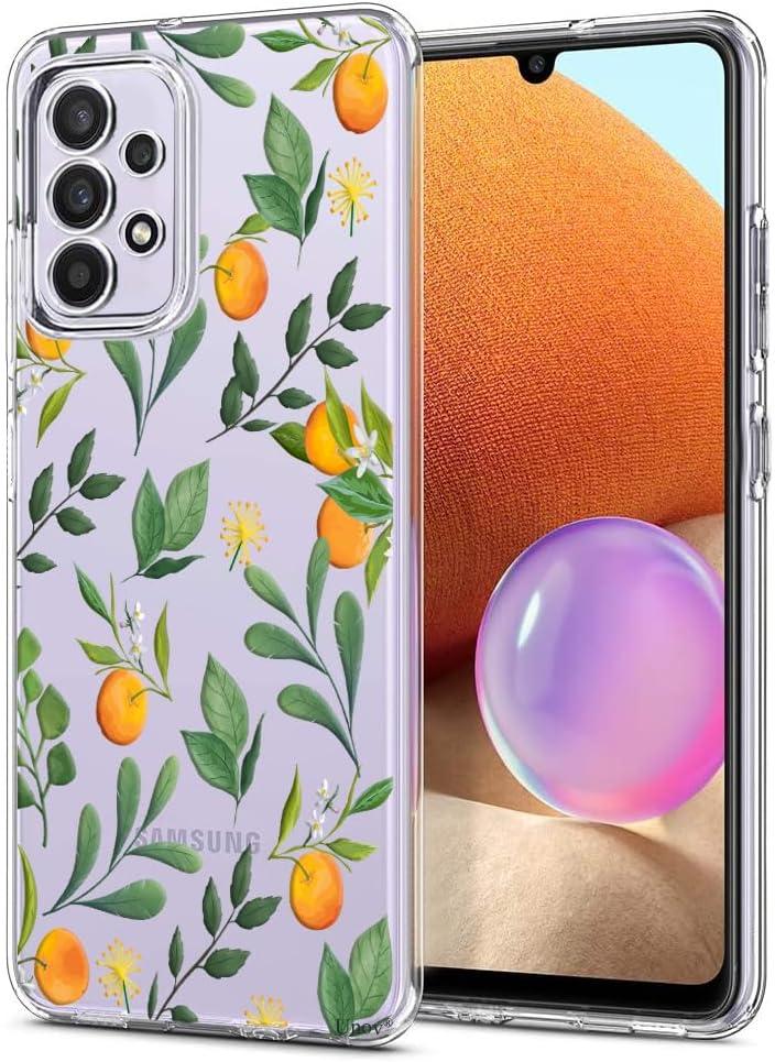 Unov Case Compatible with Galaxy A32 5G Clear with Citrus Flavors Orange Flower Design Soft TPU Shock Absorption Slim Embossed Pattern Protective Back Cover