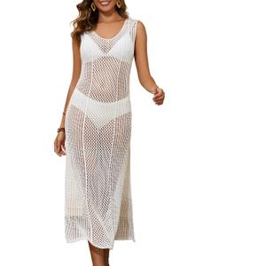 Bsubseach Crochet Cover Up for Swimwear Women Sleeveless Swimsuit Coverup Beach Knit Dress Side Slit White1