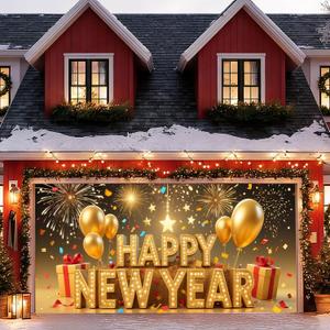 HOMETITUTE 13x6ft Happy New Year Garage Door Banner Golden LettersBackdrop New Year's Eve Garage Door Cover Decoration for Celebration Party Indoor Outdoor House Wall Background Decor