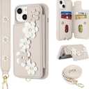 Compatible with iPhone 13 / iPhone 14 Wallet Case with Card Holder for Women, Kickstand, Crossbody Lanyard, Wrist Strap Flower Leather Flip Cover Designed for iPhone 13/14 6.1", Beige