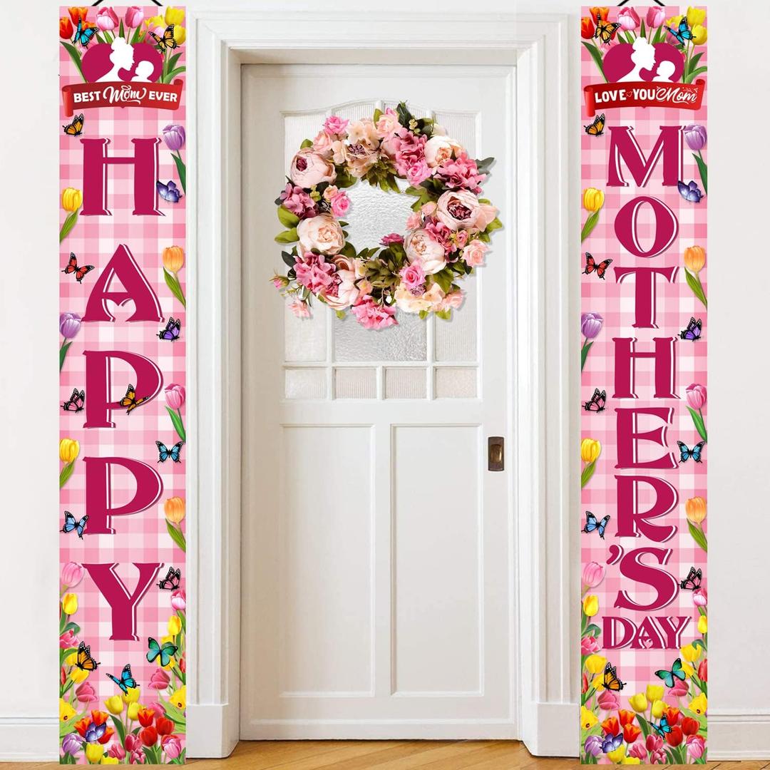 Happy Mothers Day Banner, 71" X 12" Mother's Day Decorations Porch Sign, Mother Day Banner for Outside Inside Door