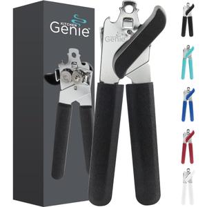 Kitchen Genie Slip Resistant Stainless Steel Manual Can Opener, Sharp Blade for Smooth Edge Cuts, Easily Open Cans, Ergonomic Handles with Easy to Turn Knob, Built-In Bottle Openers, Pitch Black