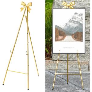 53”H Metal Gold Easel Stand for Sign, Large Adjustable Display Standing with Butterfly Bow Top for Wedding Displaying Pictures Poster Holder Showcasing