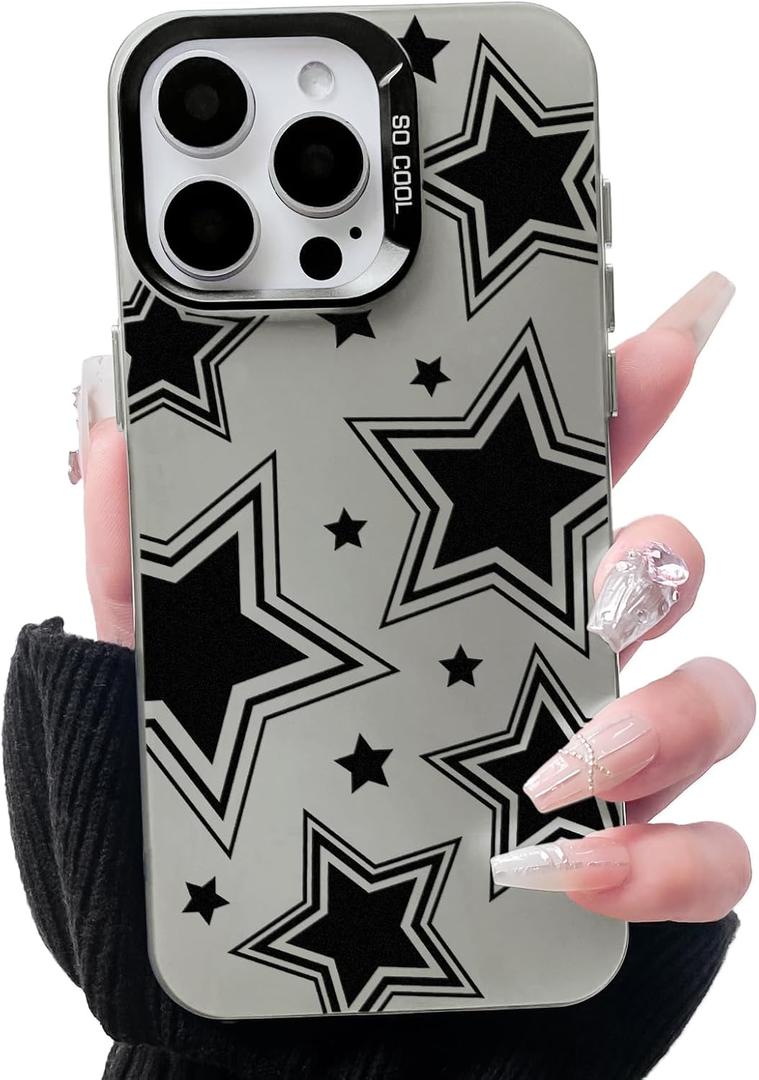 Lovmooful Compatible for iPhone 15 Pro Max Case Cute Cool Star Black Design for Girls Women PC+TPU Shockproof Protective Girly for iPhone 15 Pro Max-Big Star