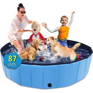 Foldable Dog Pool, 87" x 14" Large Kiddie Pool with Hard Plastic, Non-Slip Dog Bath Tub for Outdoor Backyard, Collapsible Dog Swimming Pool for Kids Dogs Pets (Blue)